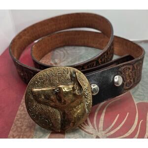 Edwina Talley Buckle Brass + Hand Tooled Leather 1.5x45" Belt Cave Canem Pincher